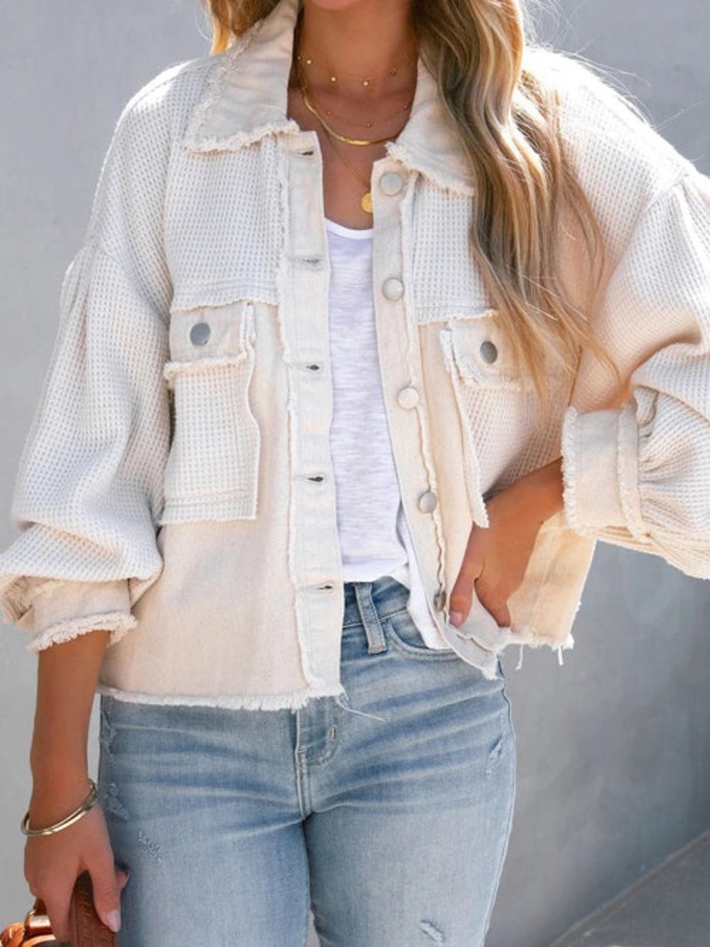 POL Pieced Denim Knit Balloon Sleeve Button Down Shirt Jean Jacket Patchwork - Picture 5 of 10
